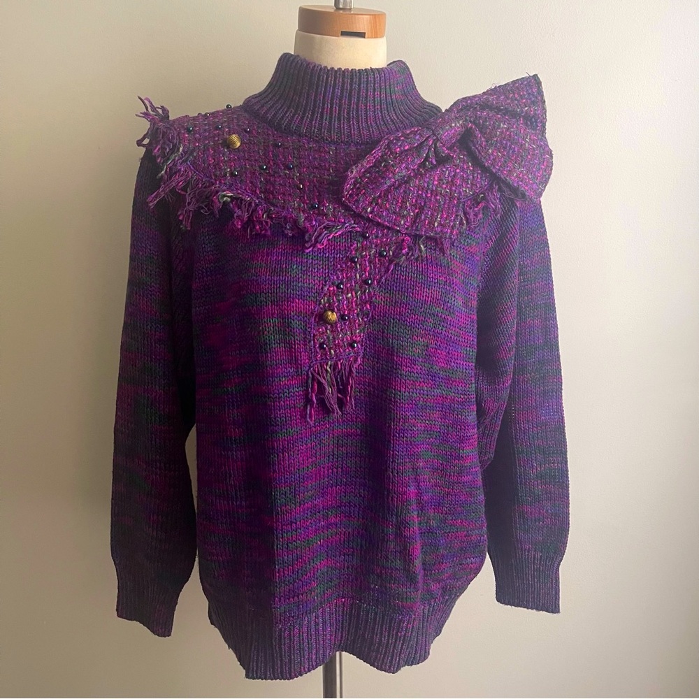 Vintage 90s Ann Wi Sweater Purple Green Embellish Boucle Bow Fringe Beads Large